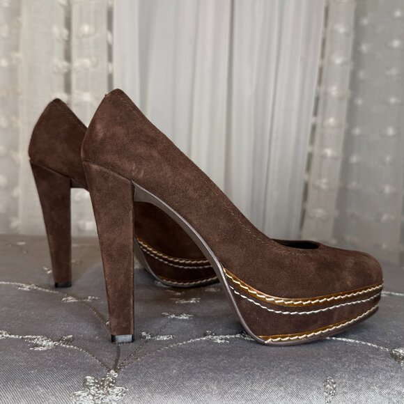 Paco Gil Brown Suede Welty Topstitched Platform High Heel Pumps Size 5.5 W - Picture 4 of 11